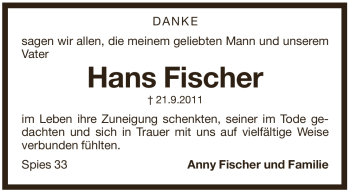 Traueranzeige von Hans Fischer von Pegnitz-Zeitung